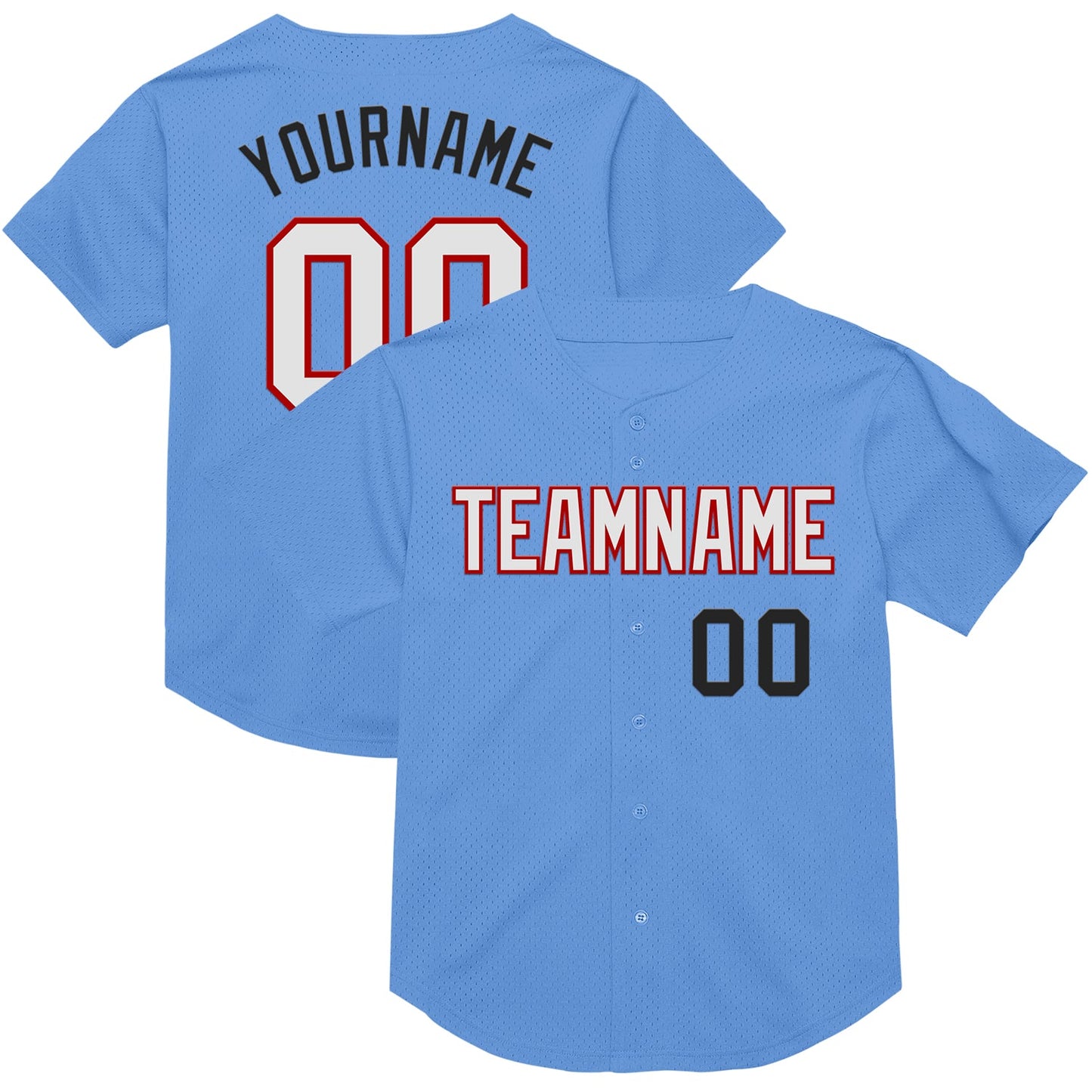 Custom Light Blue Red-Black Mesh Authentic Throwback Baseball Jersey - Main View