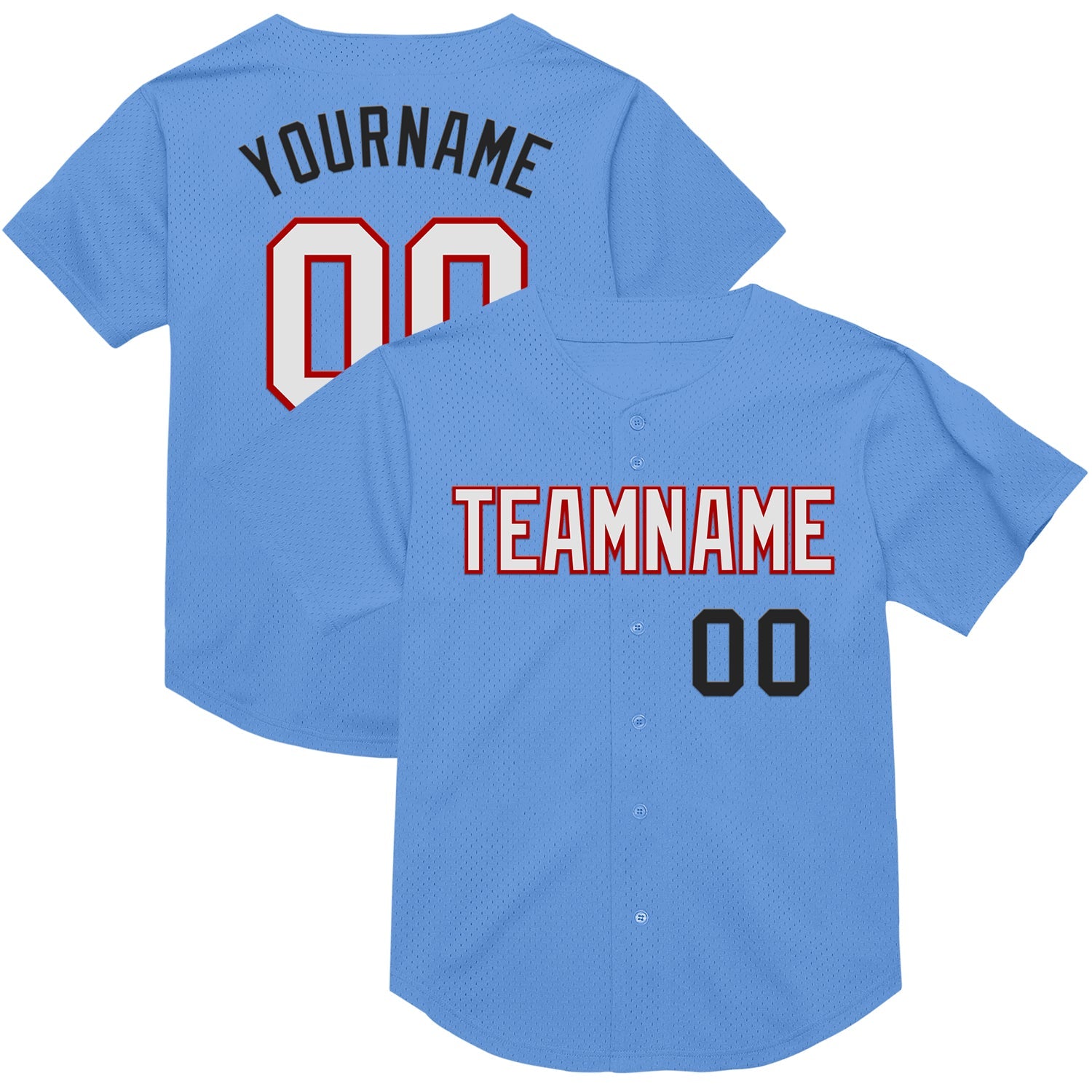 Custom Light Blue Red-Black Mesh Authentic Throwback Baseball Jersey - Main View