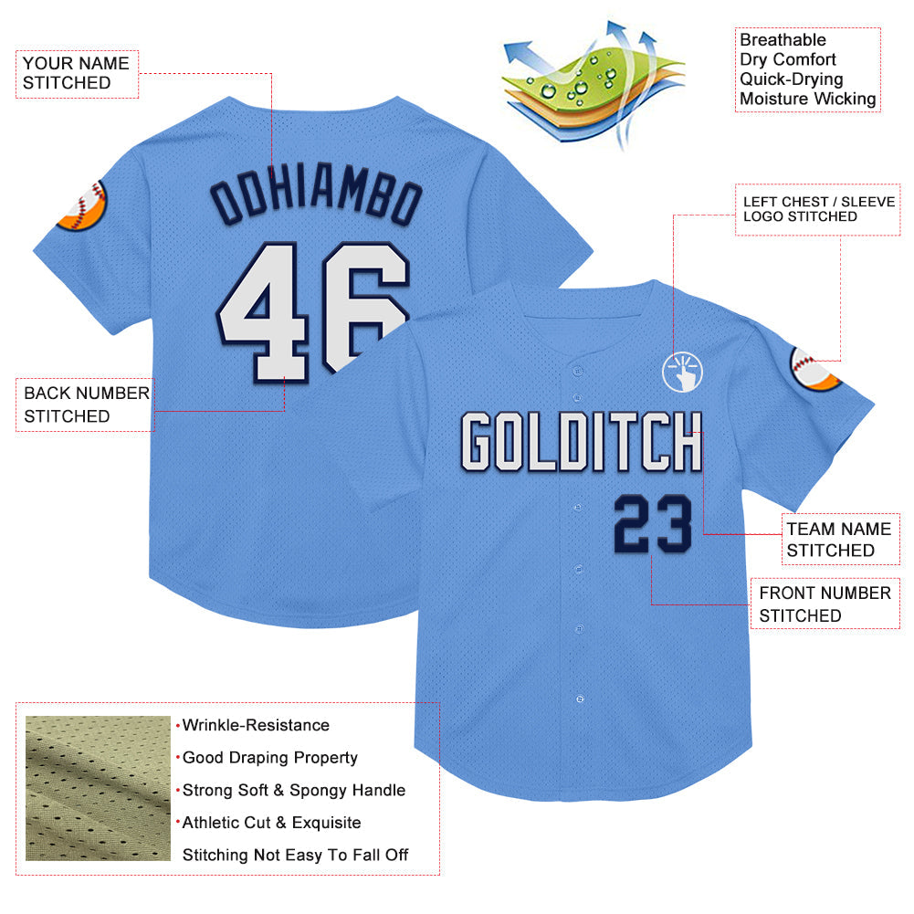 Custom Light Blue White-Navy Mesh Authentic Throwback Baseball Jersey view 3