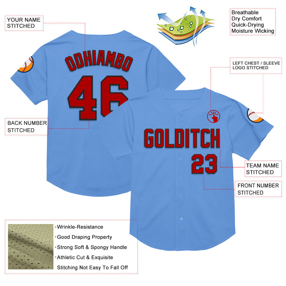 Custom Light Blue Red-Black Mesh Authentic Throwback Baseball Jersey view 3
