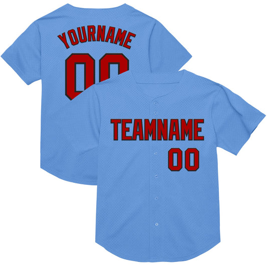 Custom Light Blue Red-Black Mesh Authentic Throwback Baseball Jersey - Main View