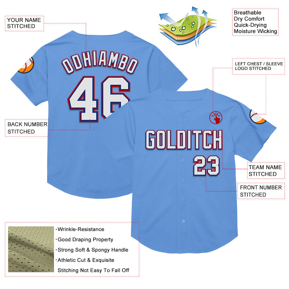 Custom Light Blue Royal-Red Mesh Authentic Throwback Baseball Jersey view 3