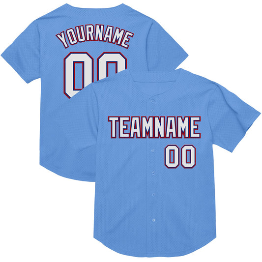 Custom Light Blue Royal-Red Mesh Authentic Throwback Baseball Jersey - Main View