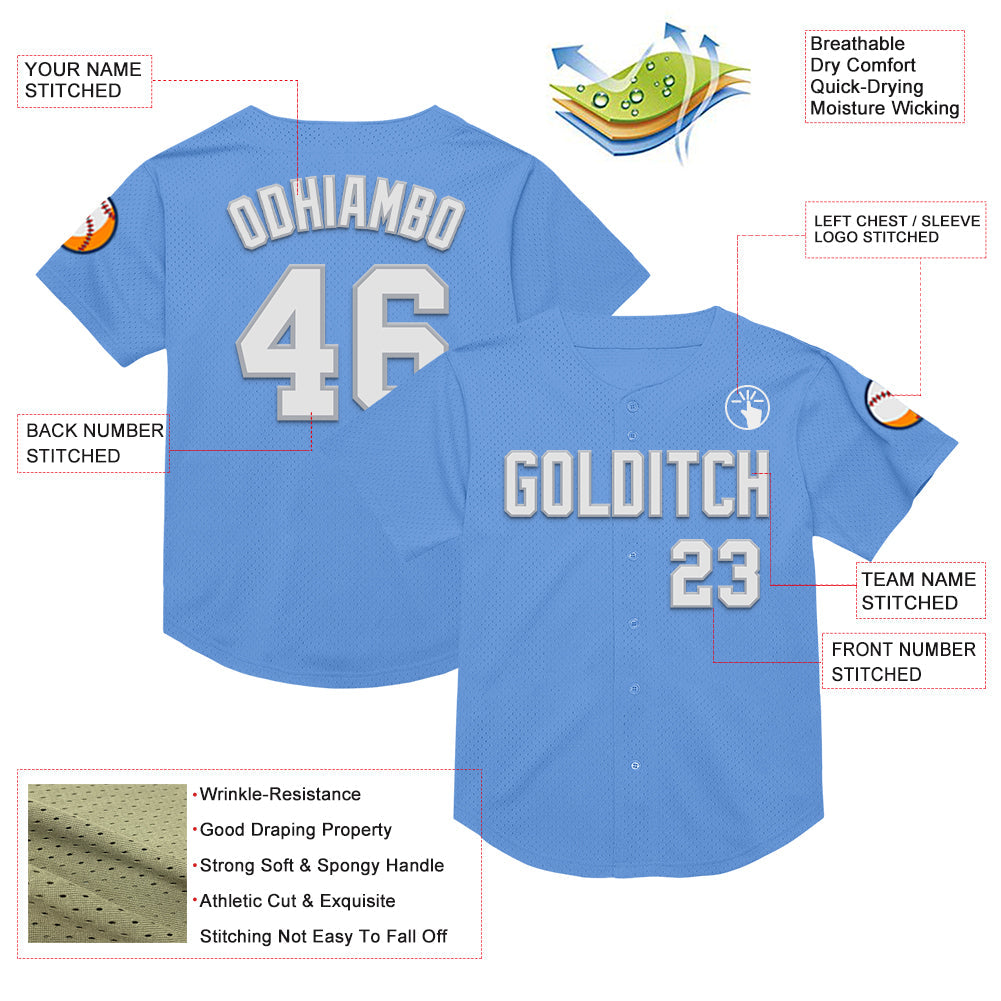 Custom Light Blue White-Gray Mesh Authentic Throwback Baseball Jersey view 3