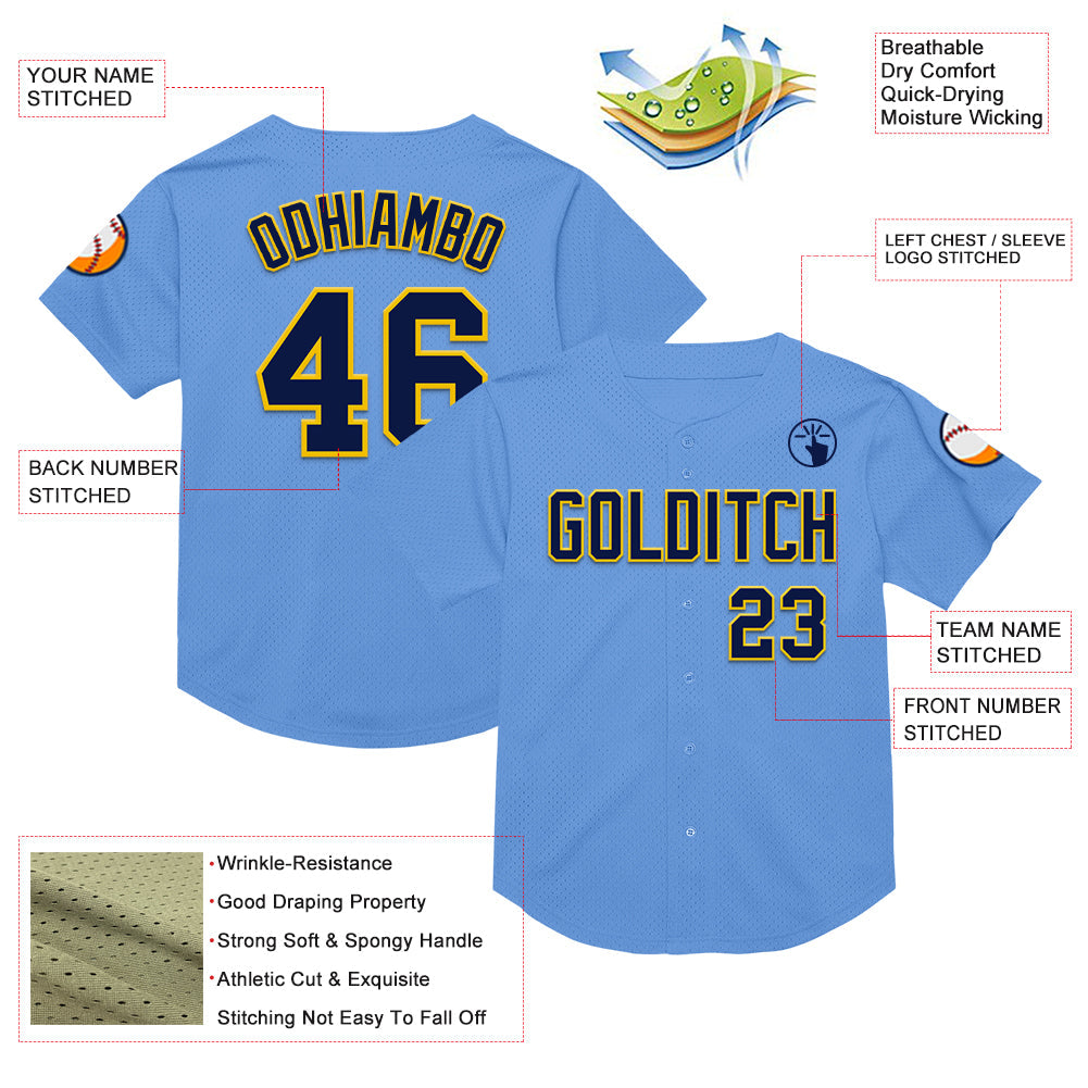 Custom Light Blue Navy-Yellow Mesh Authentic Throwback Baseball Jersey view 3