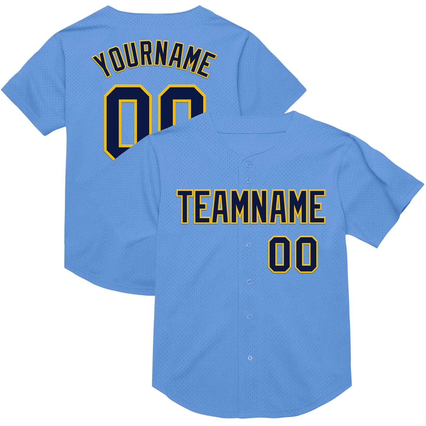 Custom Light Blue Navy-Yellow Mesh Authentic Throwback Baseball Jersey - Main View