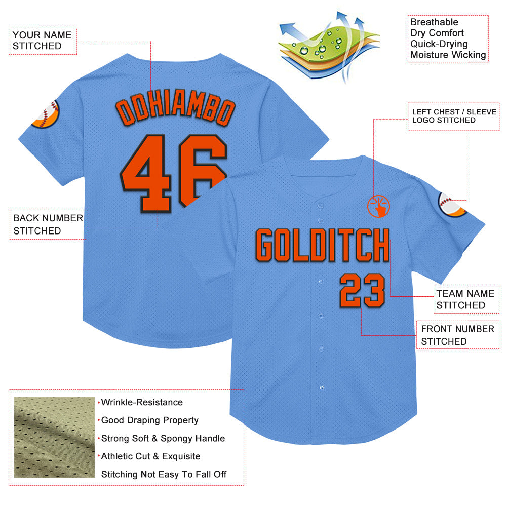 Custom Light Blue Orange-Black Mesh Authentic Throwback Baseball Jersey view 3