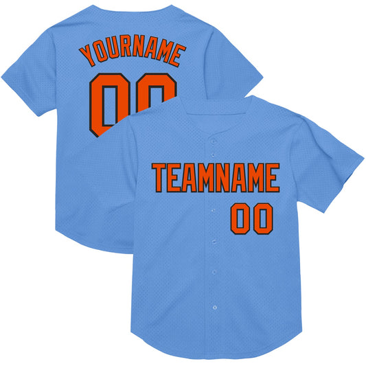 Custom Light Blue Orange-Black Mesh Authentic Throwback Baseball Jersey - Main View