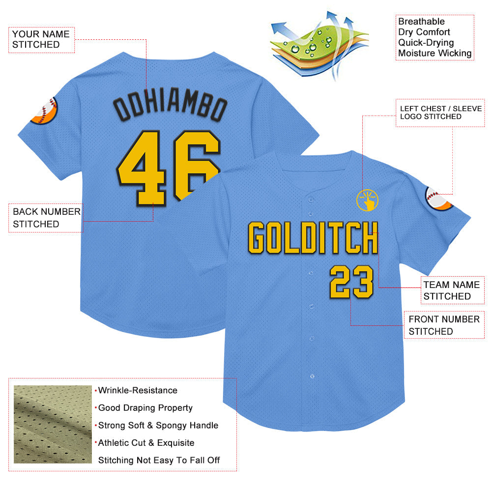 Custom Light Blue Yellow-Black Mesh Authentic Throwback Baseball Jersey view 3