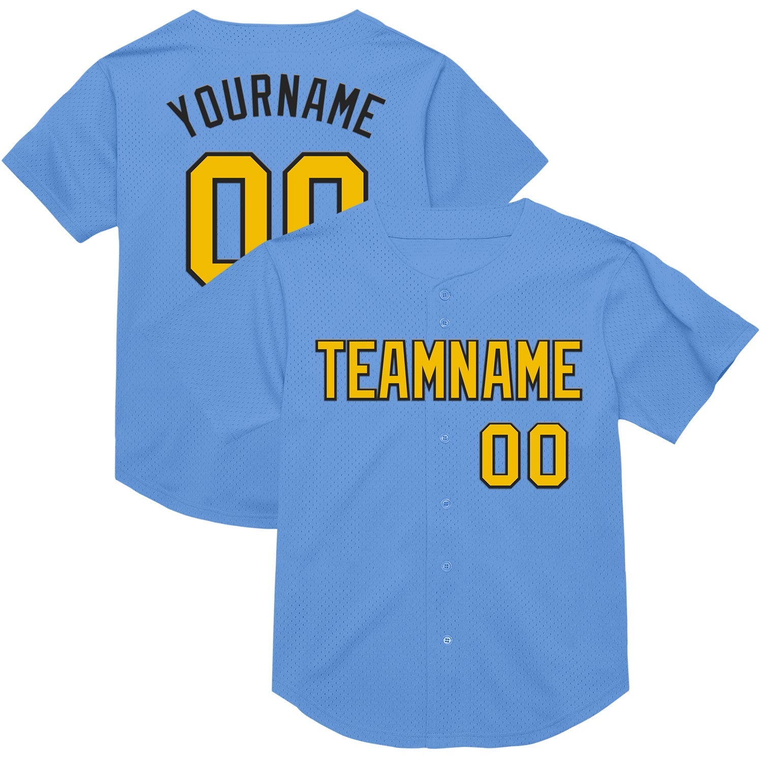 Custom Light Blue Yellow-Black Mesh Authentic Throwback Baseball Jersey - Main View