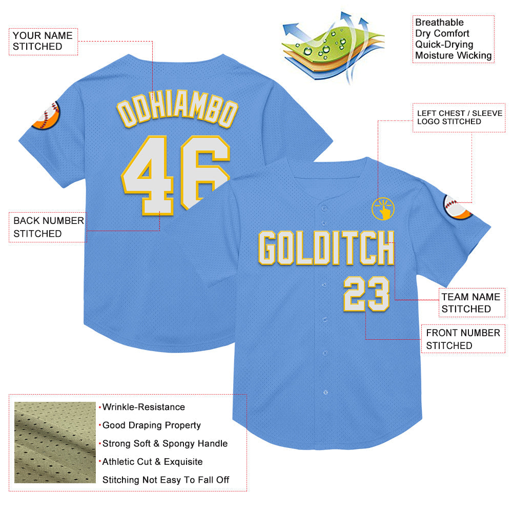 Custom Light Blue White-Yellow Mesh Authentic Throwback Baseball Jersey view 3