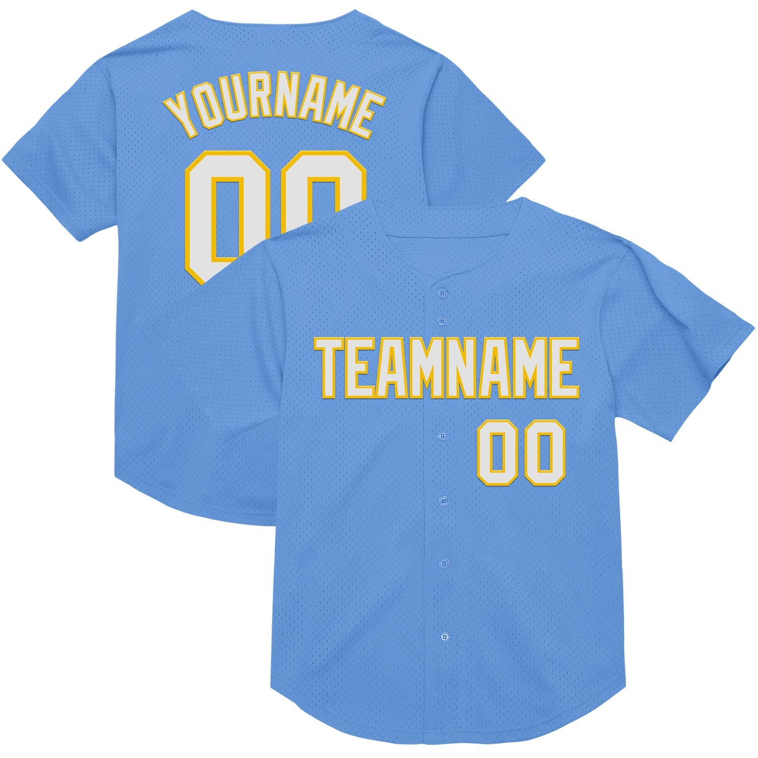 Custom Light Blue White-Yellow Mesh Authentic Throwback Baseball Jersey - Main View
