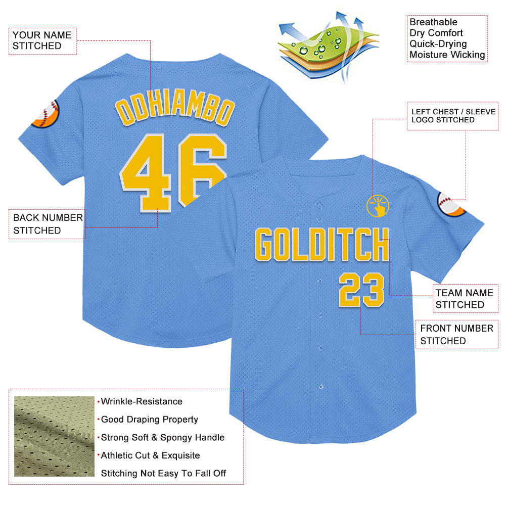 Custom Light Blue Yellow-White Mesh Authentic Throwback Baseball Jersey view 3