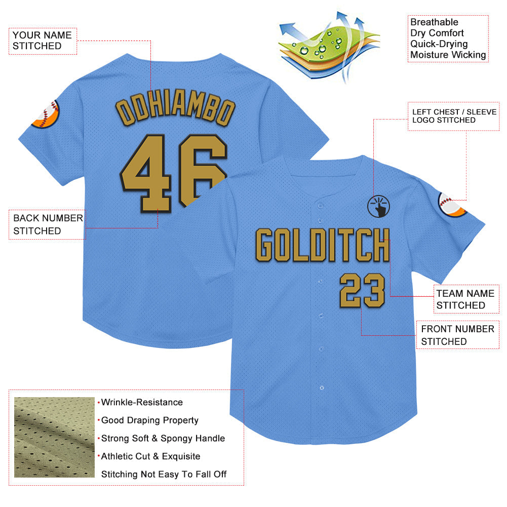 Custom Light Blue Old Gold-Black Mesh Authentic Throwback Baseball Jersey view 3