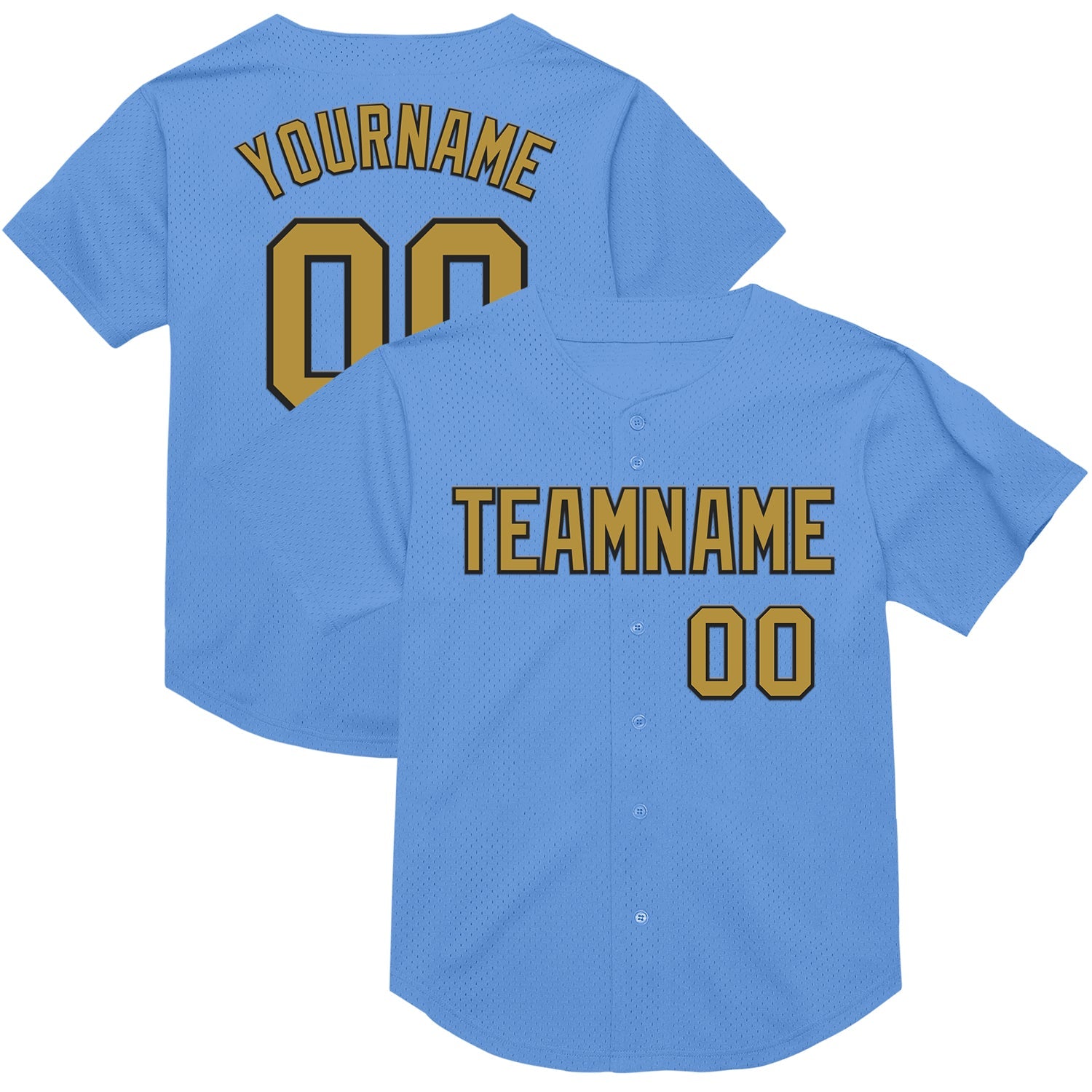 Custom Light Blue Old Gold-Black Mesh Authentic Throwback Baseball Jersey - Main View