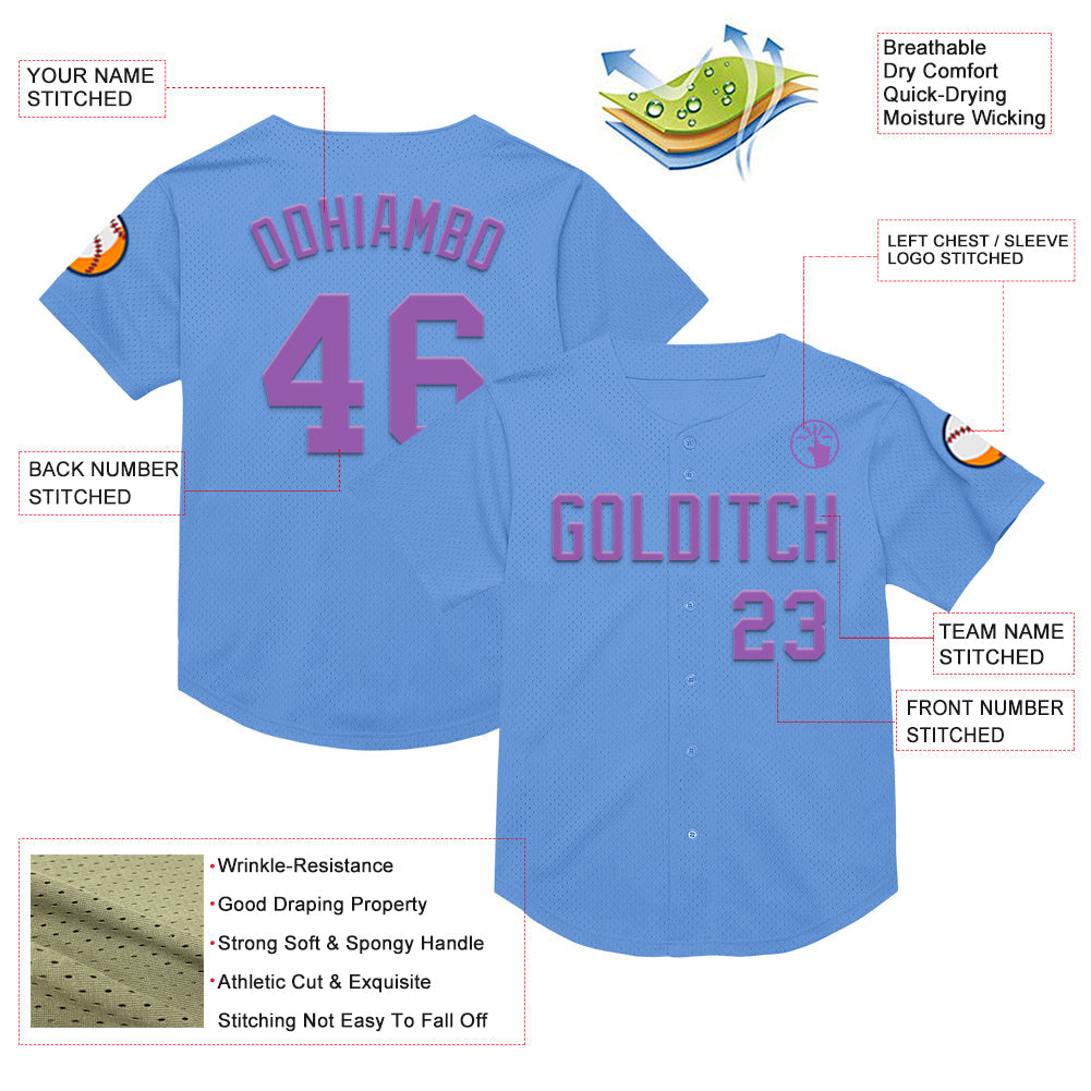 Custom Light Blue Medium Purple Mesh Authentic Throwback Baseball Jersey view 3