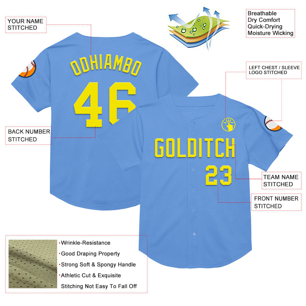Custom Light Blue Light Yellow Mesh Authentic Throwback Baseball Jersey view 3