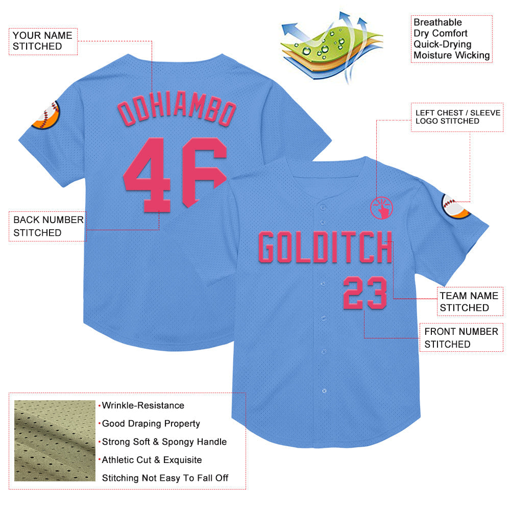 Custom Light Blue Neon Pink Mesh Authentic Throwback Baseball Jersey view 3