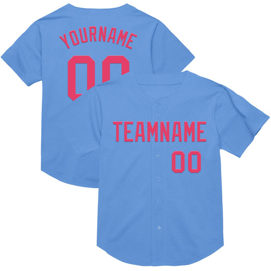 Custom Light Blue Neon Pink Mesh Authentic Throwback Baseball Jersey - Main View
