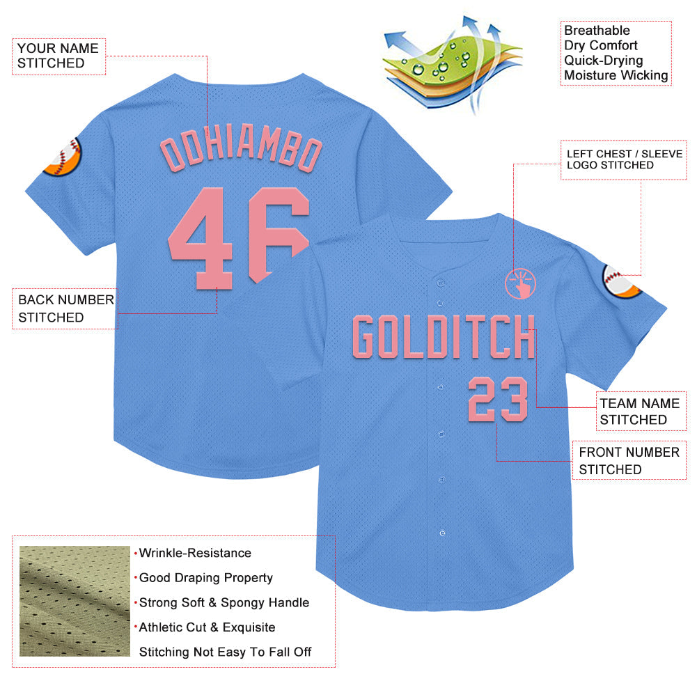 Custom Light Blue Medium Pink Mesh Authentic Throwback Baseball Jersey view 3