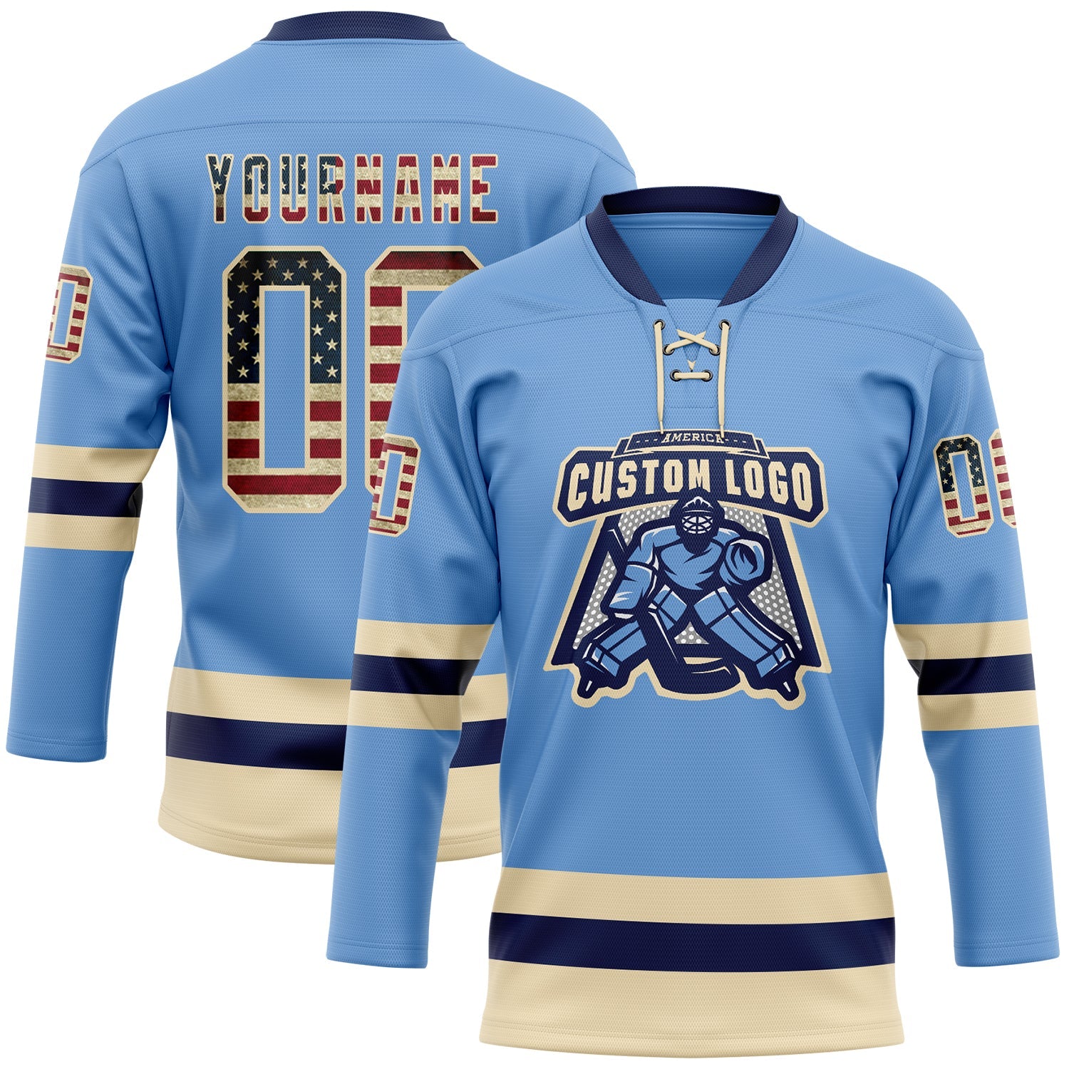 Custom Light Blue Vintage USA Flag Cream-Navy Hockey Lace Neck Jersey view 2