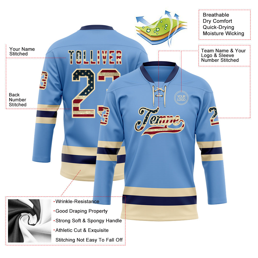 Custom Light Blue Vintage USA Flag Cream-Navy Hockey Lace Neck Jersey view 3