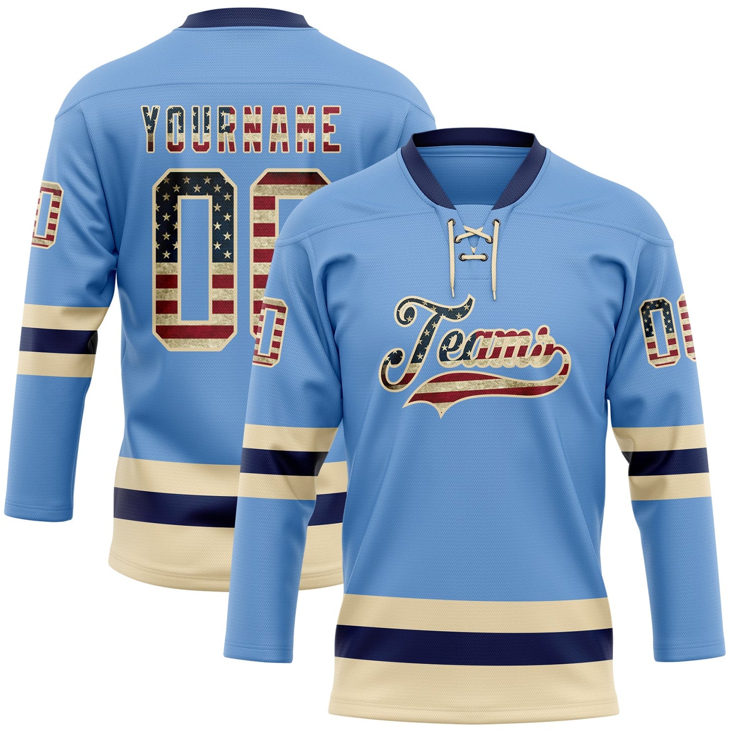 Custom Light Blue Vintage USA Flag Cream-Navy Hockey Lace Neck Jersey - Main View