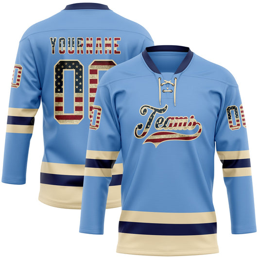 Custom Light Blue Vintage USA Flag Cream-Navy Hockey Lace Neck Jersey - Main View