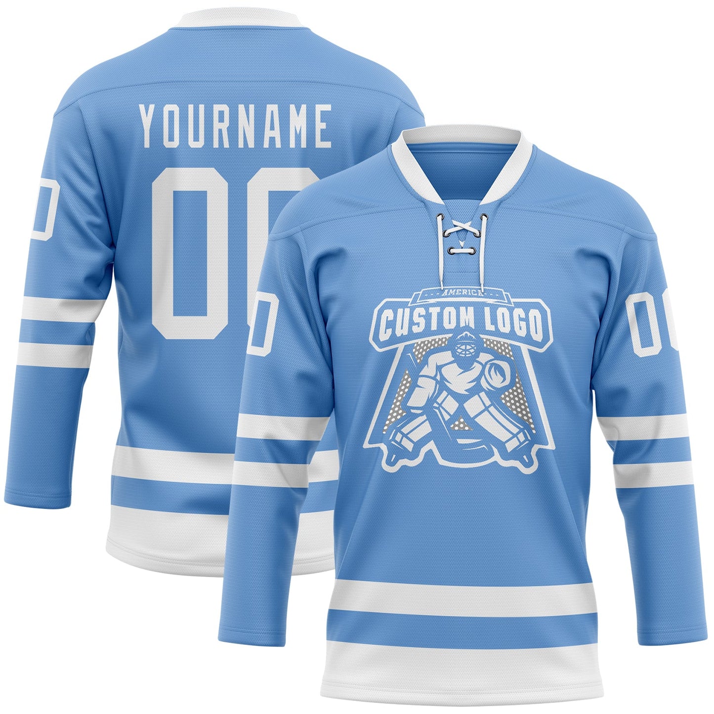Custom Light Blue White Hockey Lace Neck Jersey view 2