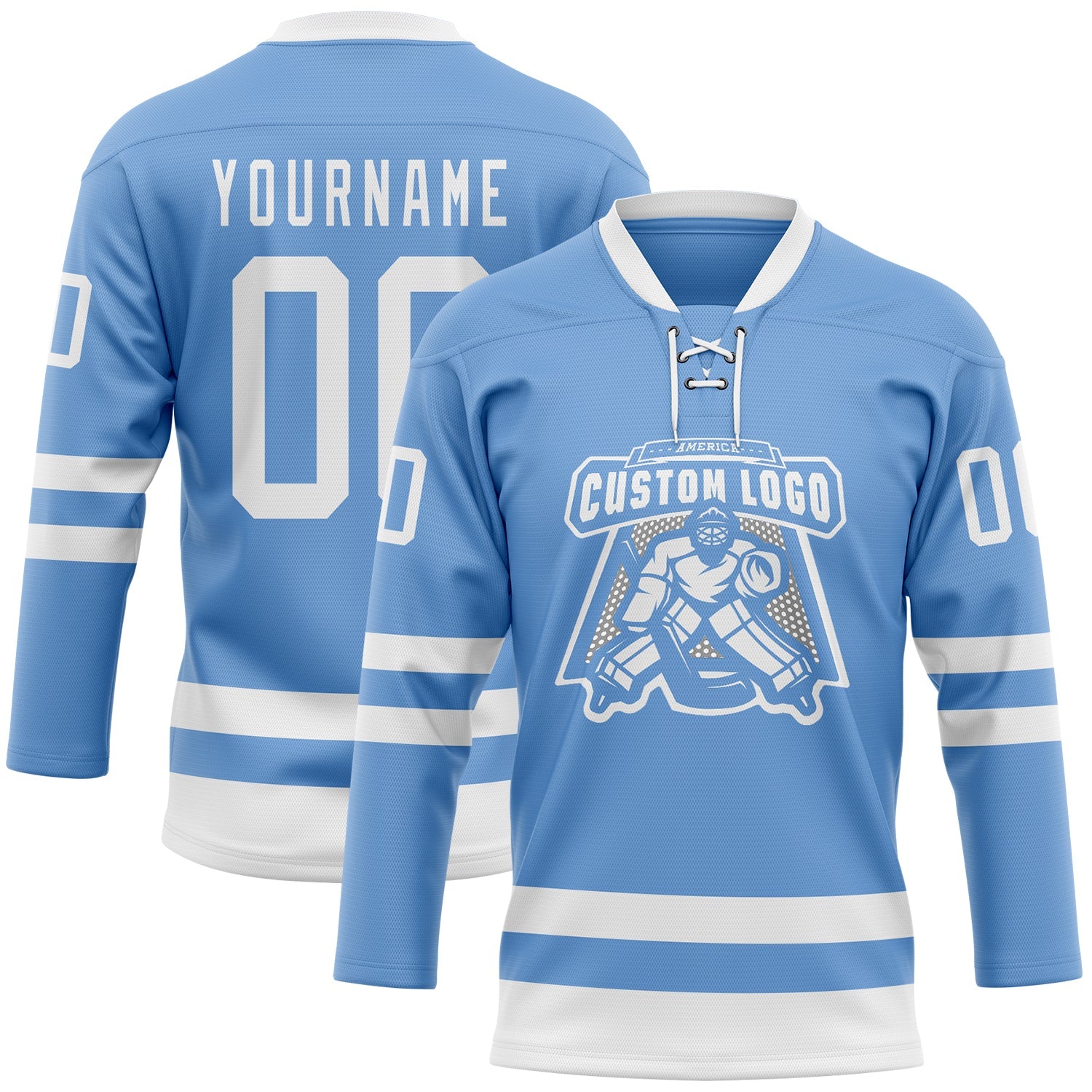 Custom Light Blue White Hockey Lace Neck Jersey view 2