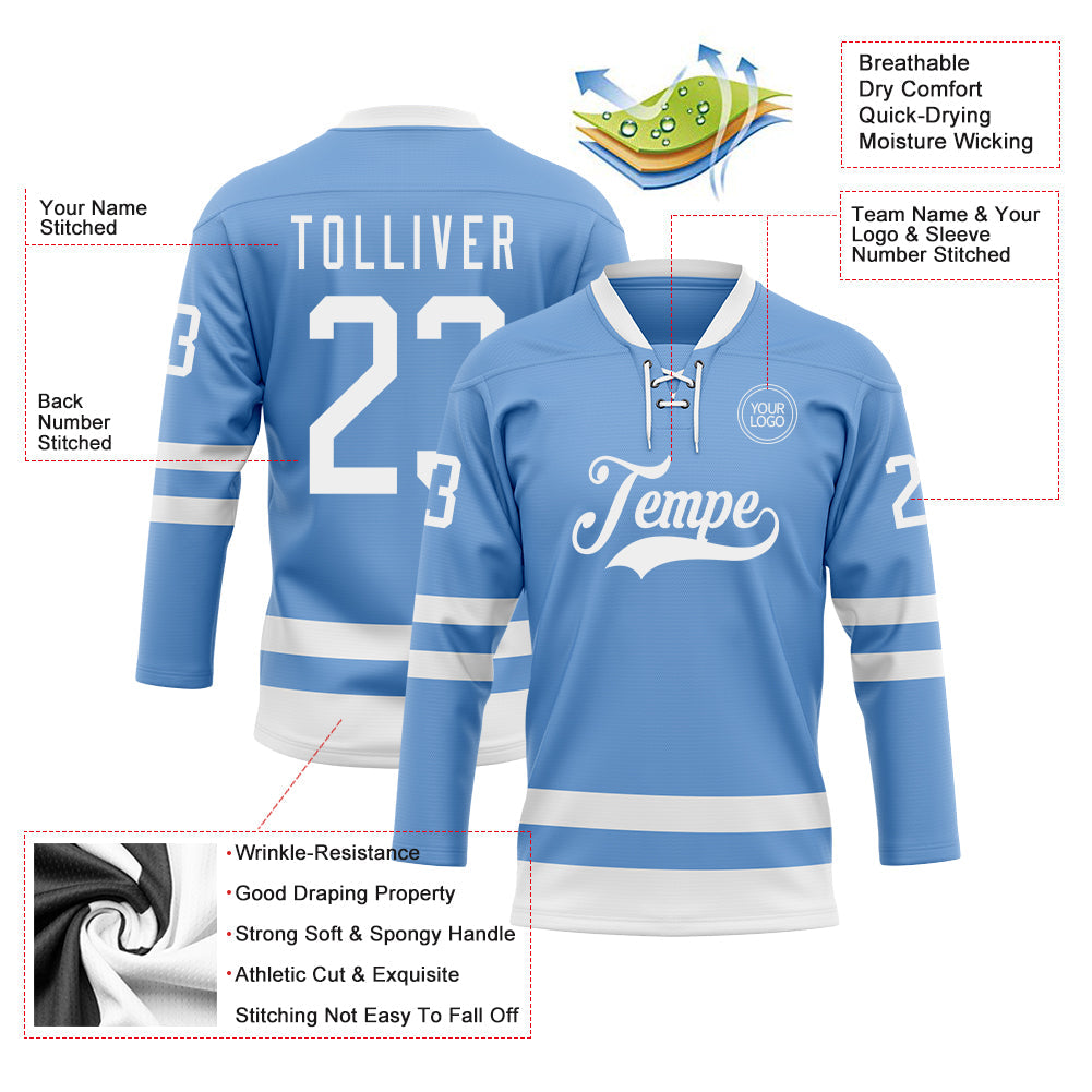 Custom Light Blue White Hockey Lace Neck Jersey view 3