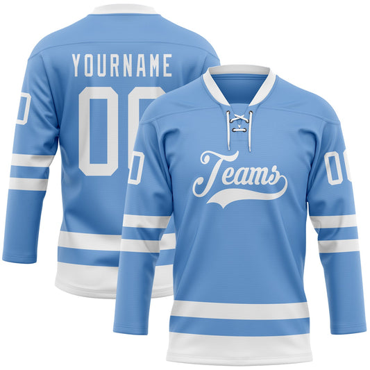 Custom Light Blue White Hockey Lace Neck Jersey - Main View
