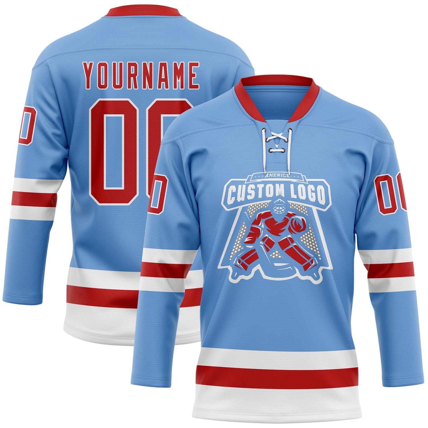 Custom Light Blue Red-White Hockey Lace Neck Jersey view 2