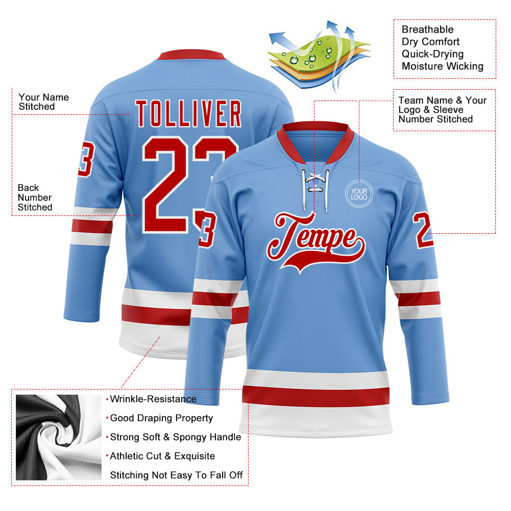 Custom Light Blue Red-White Hockey Lace Neck Jersey view 3