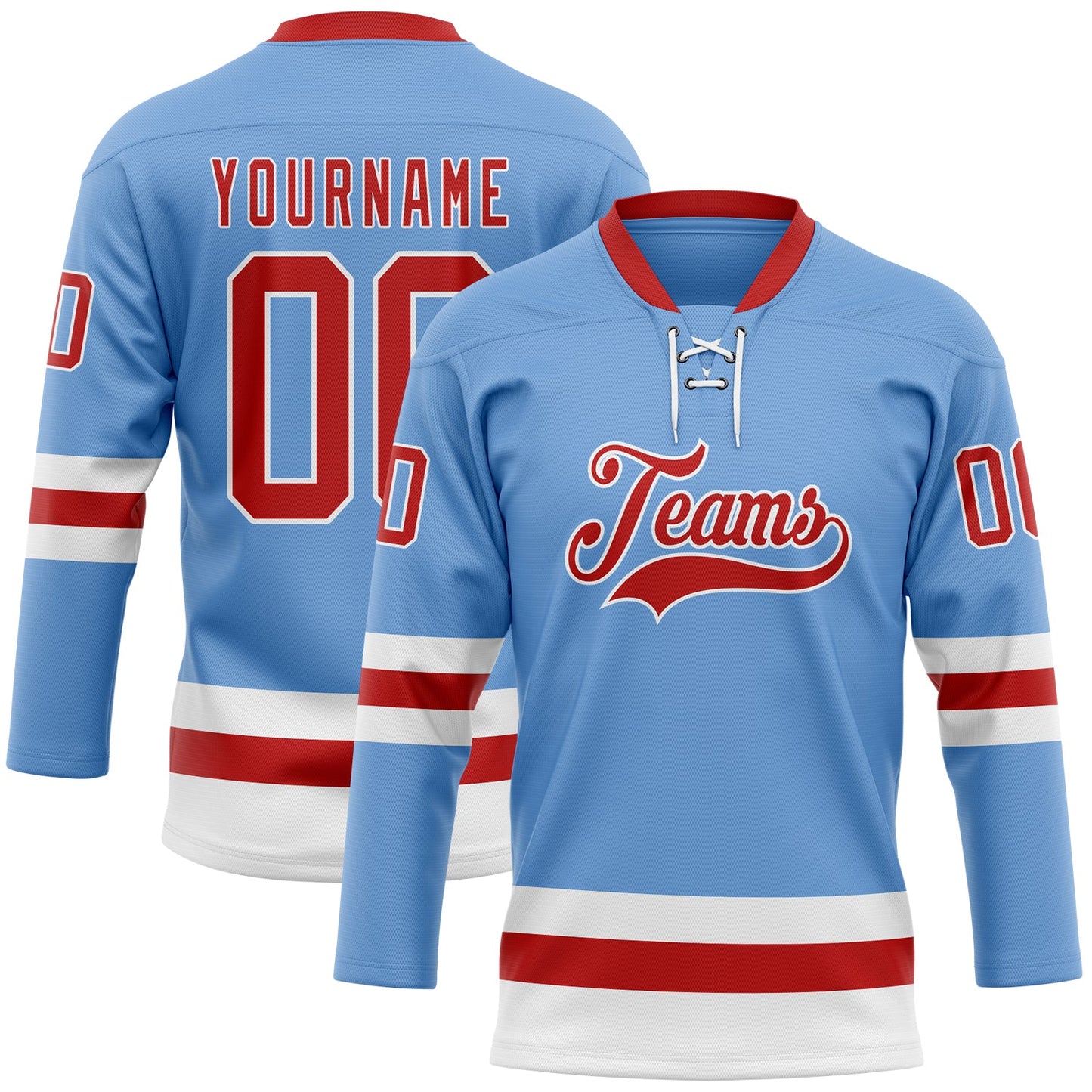 Custom Light Blue Red-White Hockey Lace Neck Jersey - Main View