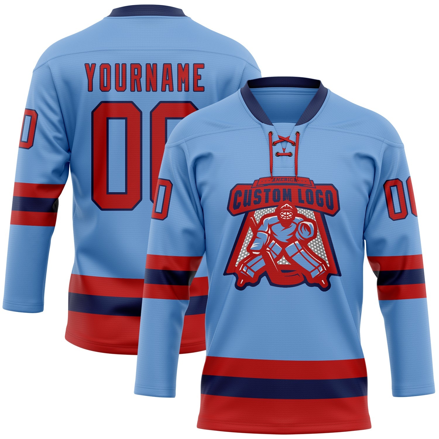 Custom Light Blue Red-Navy Hockey Lace Neck Jersey view 2