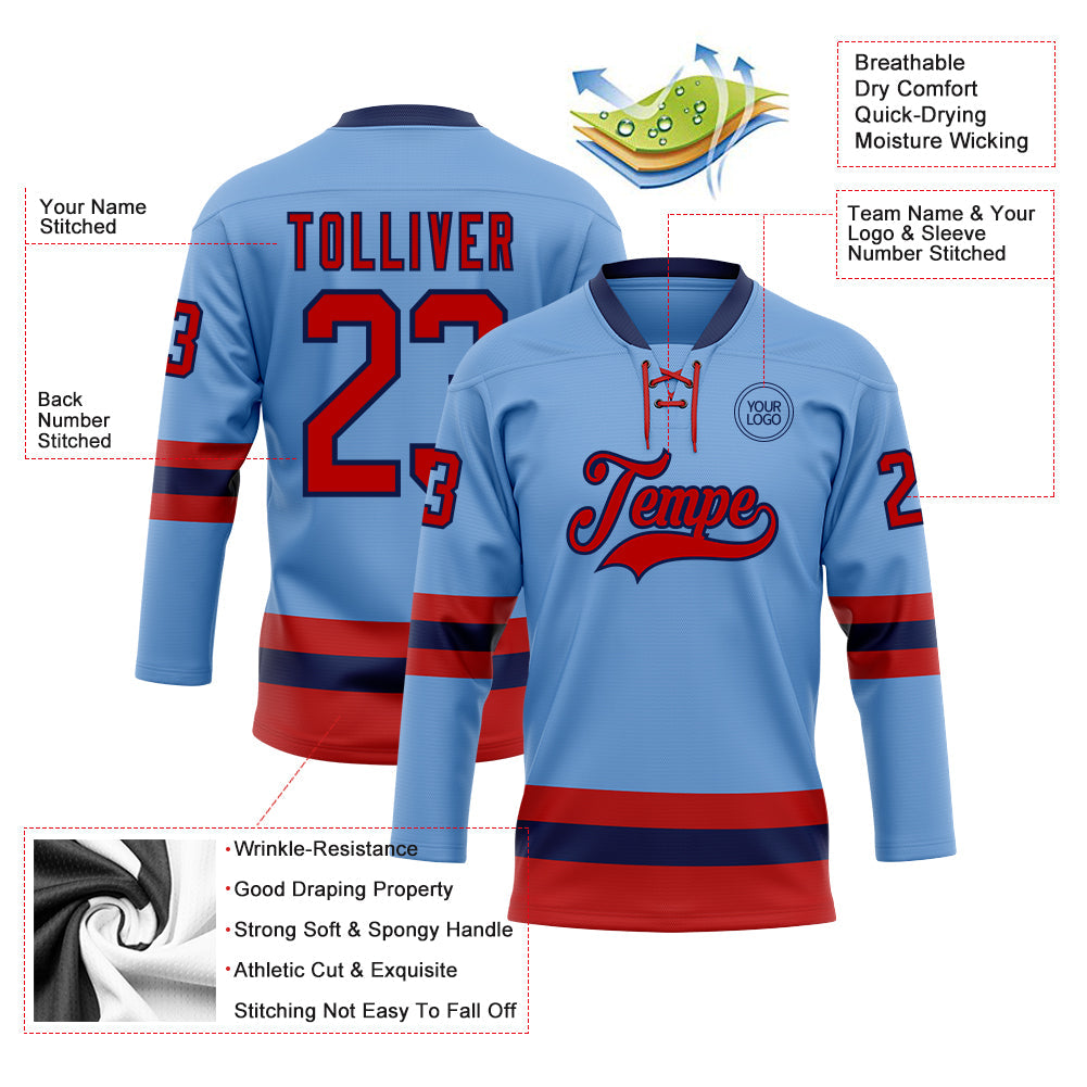 Custom Light Blue Red-Navy Hockey Lace Neck Jersey view 3