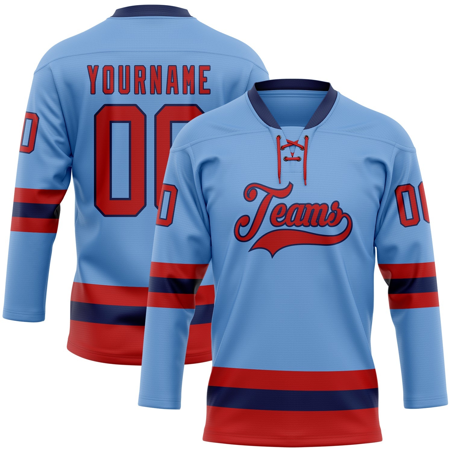 Custom Light Blue Red-Navy Hockey Lace Neck Jersey - Main View