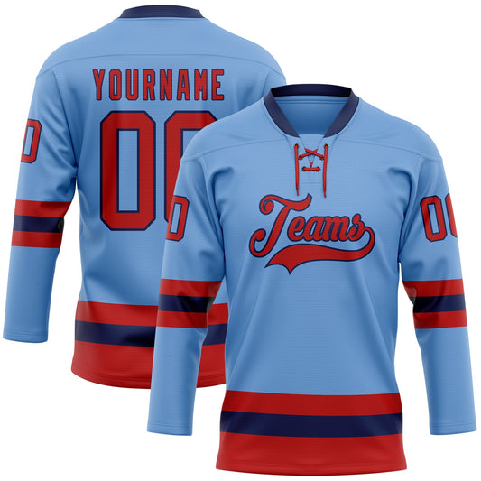 Custom Light Blue Red-Navy Hockey Lace Neck Jersey - Main View