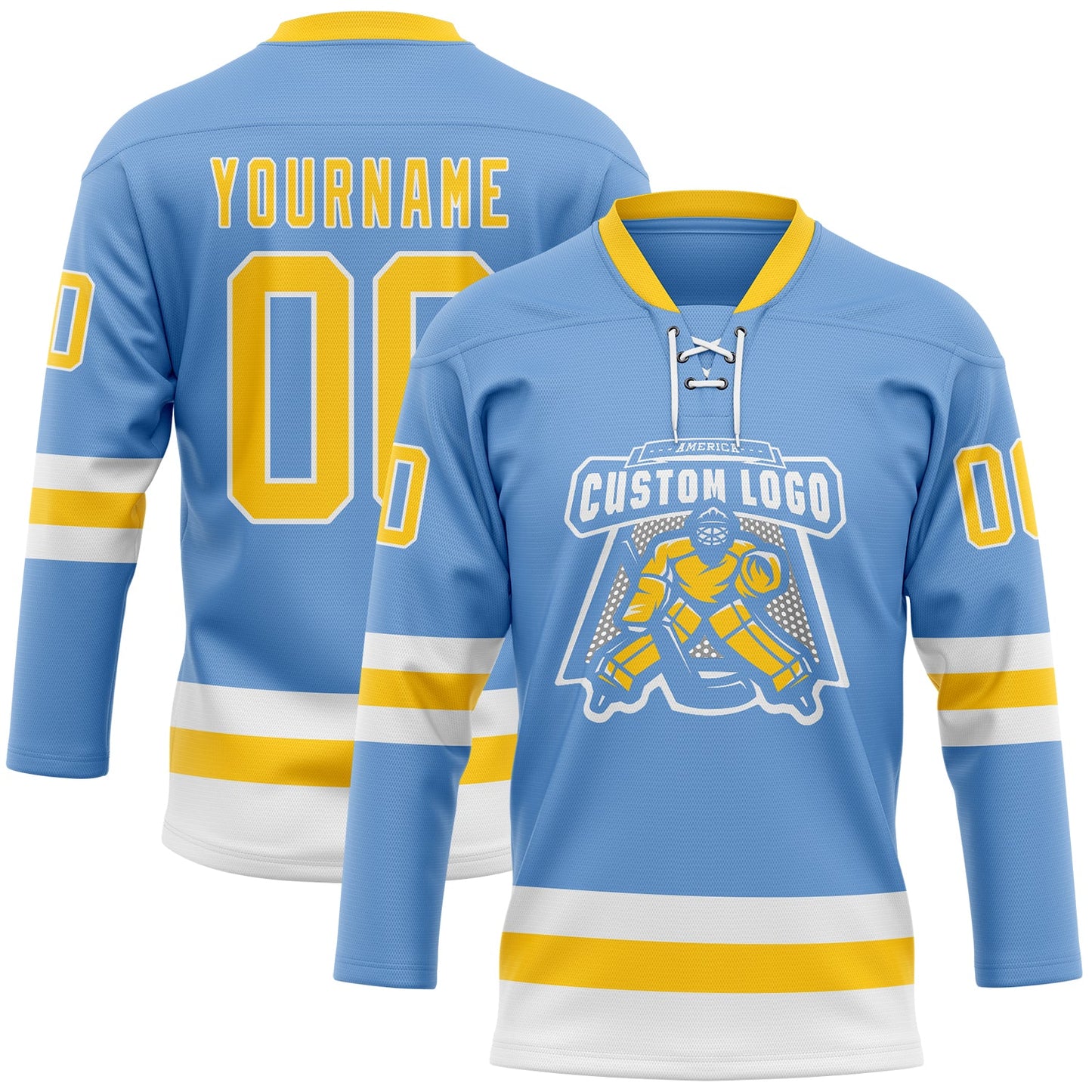 Custom Light Blue Yellow-White Hockey Lace Neck Jersey view 2