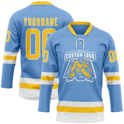 Custom Light Blue Yellow-White Hockey Lace Neck Jersey view 2
