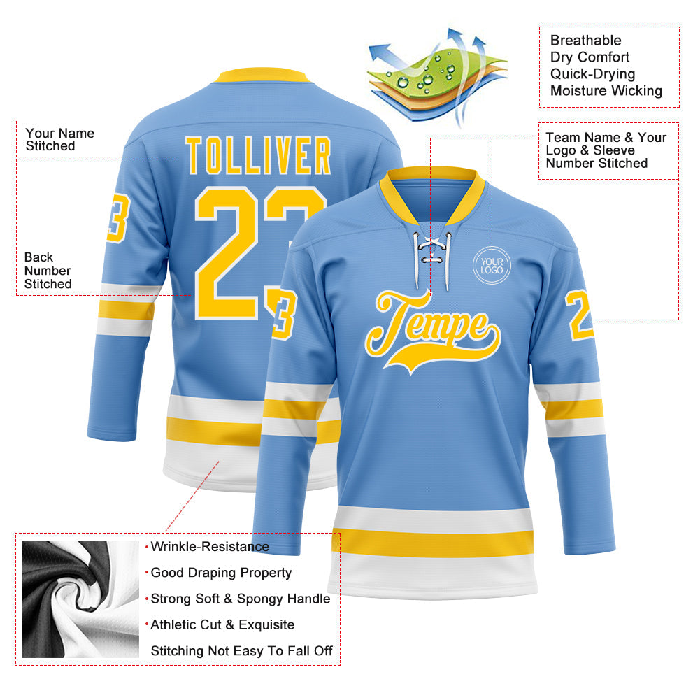 Custom Light Blue Yellow-White Hockey Lace Neck Jersey view 3