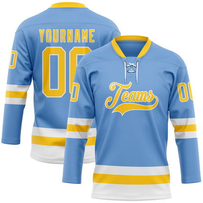 Custom Light Blue Yellow-White Hockey Lace Neck Jersey - Main View
