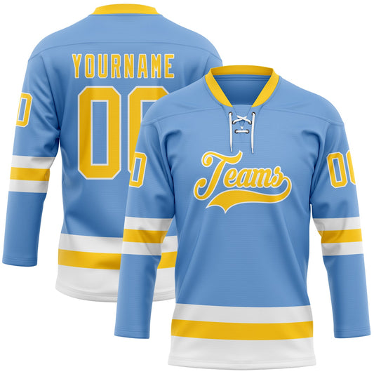 Custom Light Blue Yellow-White Hockey Lace Neck Jersey - Main View