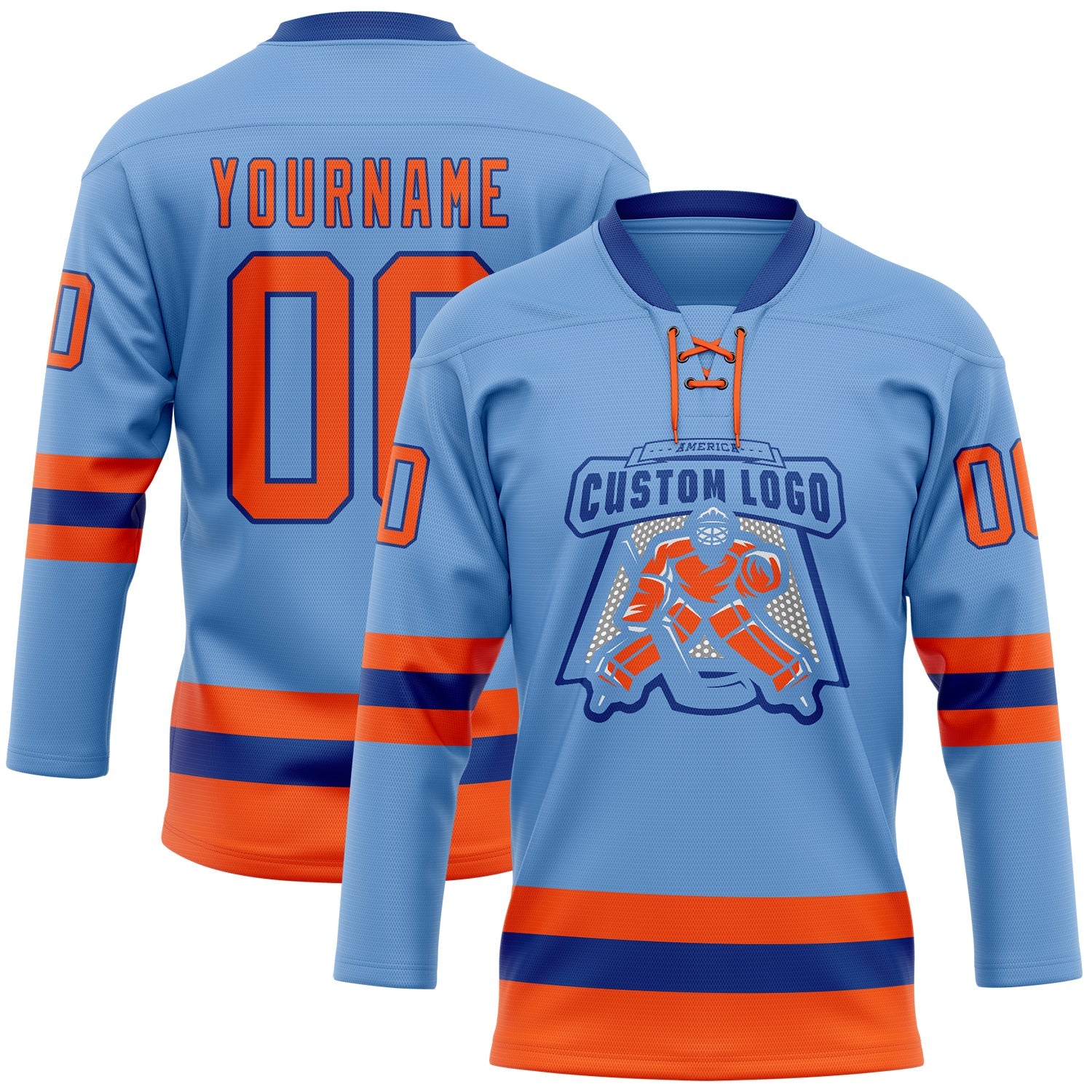 Custom Light Blue Orange-Royal Hockey Lace Neck Jersey view 2