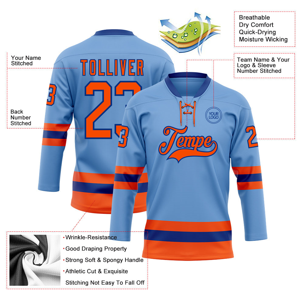 Custom Light Blue Orange-Royal Hockey Lace Neck Jersey view 3