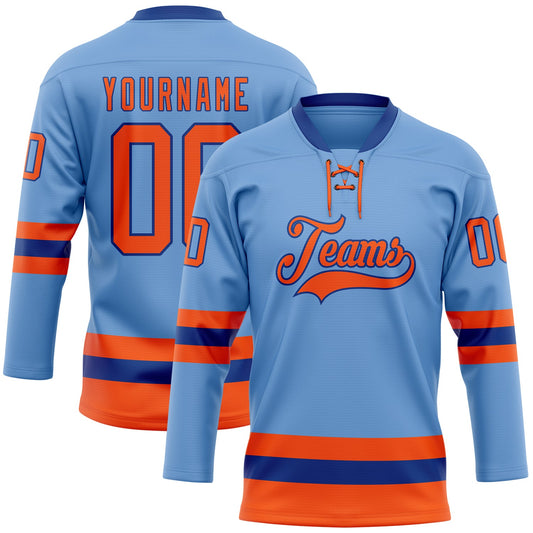 Custom Light Blue Orange-Royal Hockey Lace Neck Jersey - Main View