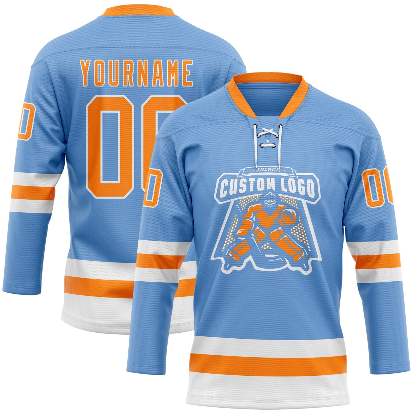 Custom Light Blue Bay Orange-White Hockey Lace Neck Jersey view 2