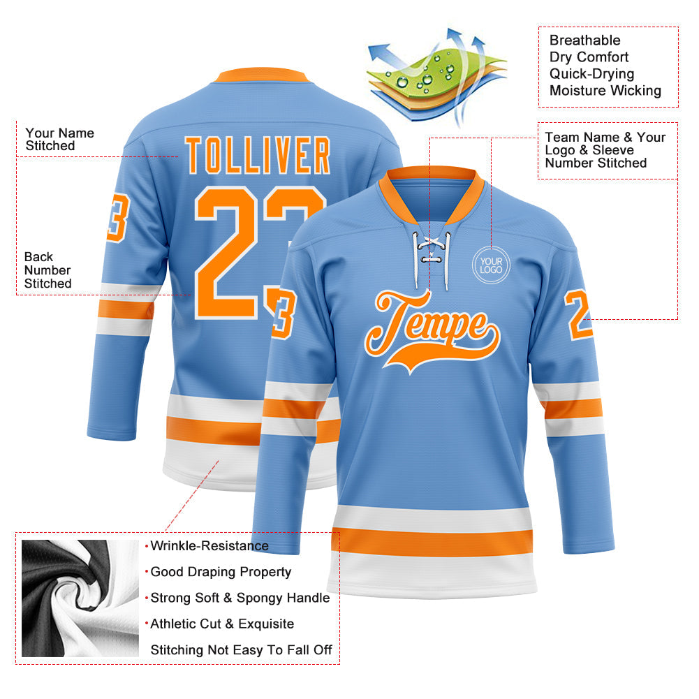 Custom Light Blue Bay Orange-White Hockey Lace Neck Jersey view 3