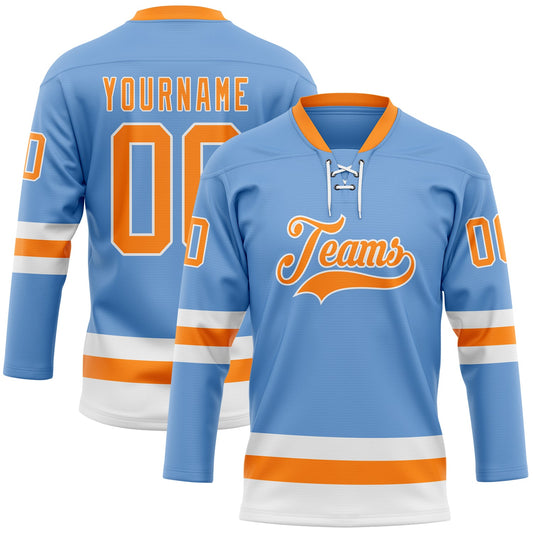 Custom Light Blue Bay Orange-White Hockey Lace Neck Jersey - Main View